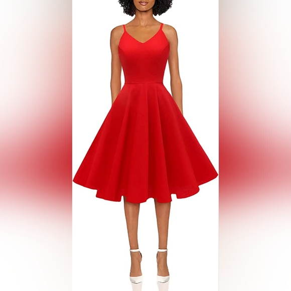 GOOBGS Women's 1950s Retro Vintage Spaghetti Strap Cocktail Swing Dress Pockets - Picture 7 of 8